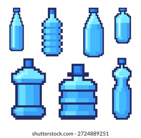 Botellas de agua Pixel. Botella de plástico, envase de bebida mineral 8 bits juego pixelart vintage gaming iconos, activos de la máquina de arcade retro aqua bebidas contenedores Ilustración vectorial limpia