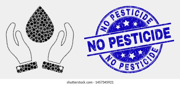 Pixel water drop care hands mosaic pictogram and No Pesticide seal stamp. Blue vector rounded textured seal stamp with No Pesticide phrase. Vector composition in flat style.