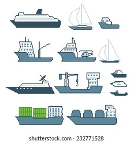 Pixel water transport icon set. Old school computer graphic style.