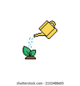 pixel Watering can icon.  Vector pixel art Watering plants icon  8 bit logo for game