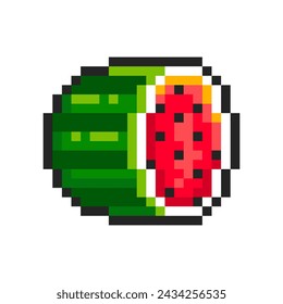 Pixel watermelon isolated on white background. Pixelated sticker. Slot machine or video game item. Fruit icon. Vector pixel art illustration in 8 bit old style.