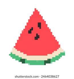 Pixel Wassermelone Stück. Dreieck aus Sommer rot gestreifte Früchte mit Samen. 8-Bit-Retro-Gaming-Stil. Gesunde vegane Ernährung. Einzelnes Spielelement. Süße reife Beere. Vektorillustration