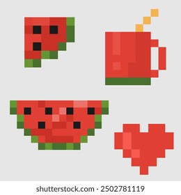 Pixel watermelon, watermelon slice, mug with juice