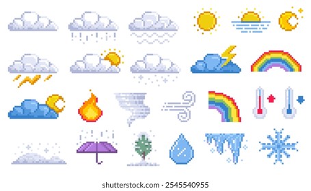 Pixel weather icons. Cartoon 8 bit game assets of sun rain snow thunderstorm wind and cloudiness. Vector weather forecast symbols isolated collection.