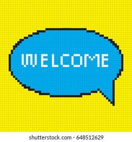 Pixel Welcome Bubble Speech Icon. Vector.