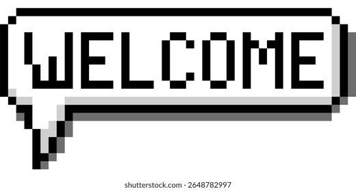 Pixel welcome bubble speech vector, a friendly retro greeting for digital interfaces, gaming, or nostalgic communication. Ideal for inviting users with a classic, pixelated aesthetic.