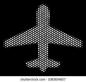 Pixel white airplane icon on a black background. Vector halftone illustration of airplane icon made from spheric dots.