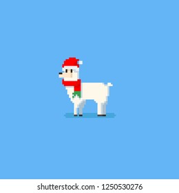Pixel white alpaca with santa hat and scarf.Christmas.8bit.