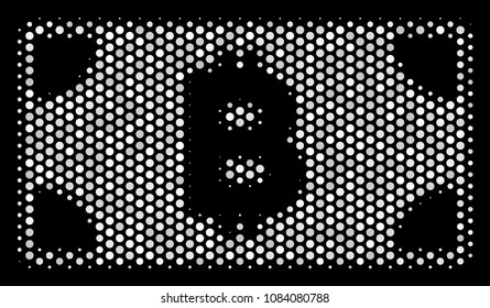Pixel white Bitcoin cash banknote icon on a black background. Vector halftone composition of Bitcoin cash banknote icon designed of spheric elements.
