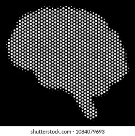 Pixel white brain icon on a black background. Vector halftone mosaic of brain pictogram combined from spheric points.