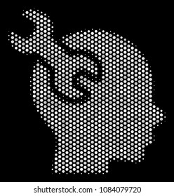 Pixel white brain service wrench icon on a black background. Vector halftone illustration of brain service wrench pictogram constructed of round pixels.