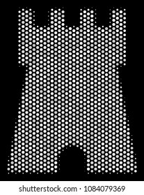 Pixel white bulwark tower icon on a black background. Vector halftone composition of bulwark tower pictogram created from spheric points.
