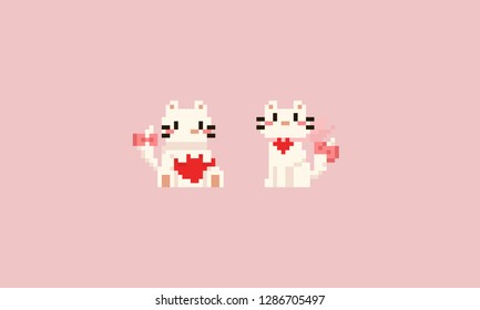 Pixel white cat with heart.Valentine.8bit animal.