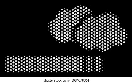 Pixel white cigarette smoke icon on a black background. Vector halftone composition of cigarette smoke pictogram designed of circle pixels.