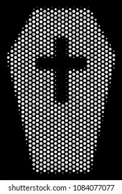 Pixel white coffin icon on a black background. Vector halftone mosaic of coffin pictogram constructed with round pixels.