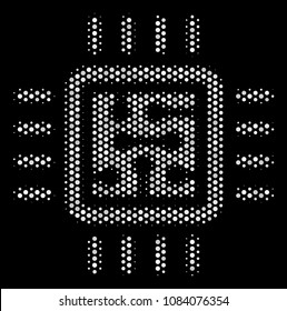 Pixel white CPU circuit icon on a black background. Vector halftone collage of CPU circuit pictogram organized with circle points.