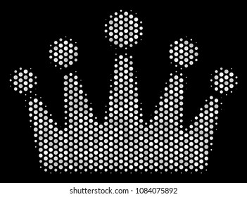 Pixel white crown icon on a black background. Vector halftone composition of crown icon formed from circle dots.