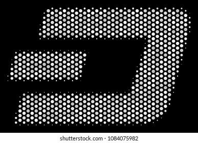 Pixel white Dash currency icon on a black background. Vector halftone pattern of Dash currency pictogram organized with round elements.