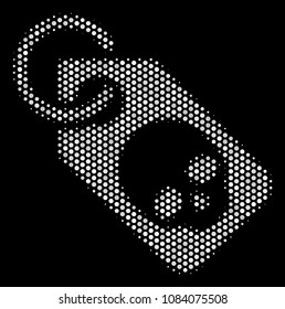 Pixel white death skull tag icon on a black background. Vector halftone illustration of death skull tag pictogram done with round dots.