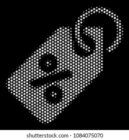 Pixel white discount tag icon on a black background. Vector halftone pattern of discount tag symbol combined of spheric dots.