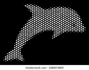 Pixel white dolphin icon on a black background. Vector halftone concept of dolphin symbol composed from round points.