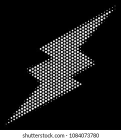 Pixel white electric spark icon on a black background. Vector halftone illustration of electric spark symbol done with spheric items.