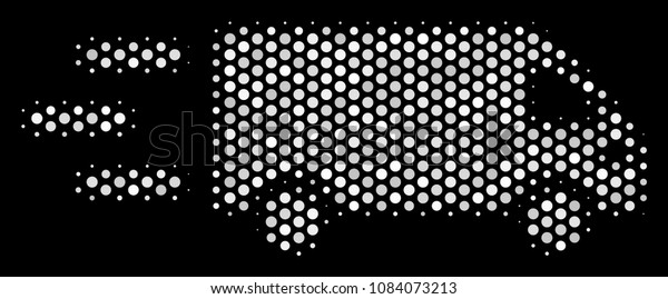 Pixel white fast delivery car icon on a black\
background. Vector halftone collage of fast delivery car icon\
organized from circle\
items.