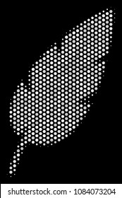 Pixel white feather icon on a black background. Vector halftone pattern of feather pictogram made of spheric points.