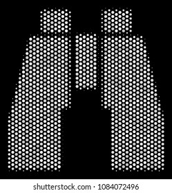 Pixel white find binoculars icon on a black background. Vector halftone mosaic of find binoculars pictogram designed from spheric elements.