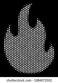 Pixel white fire flame icon on a black background. Vector halftone illustration of fire flame icon constructed from spheric items.