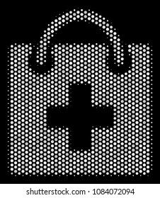 Pixel white first aid kit icon on a black background. Vector halftone collage of first aid kit icon constructed from round items.