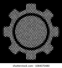 Pixel white gear icon on a black background. Vector halftone concept of gear pictogram organized from circle dots.
