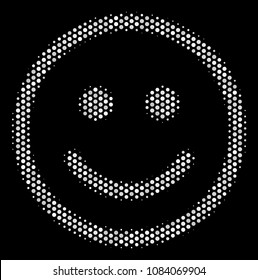 Pixel white glad smiley icon on a black background. Vector halftone composition of glad smiley icon formed from round pixels.