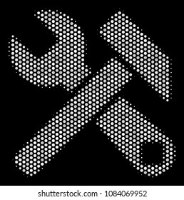 Pixel white hammer and wrench icon on a black background. Vector halftone composition of hammer and wrench pictogram designed of round pixels.