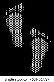 Pixel white human steps icon on a black background. Vector halftone concept of human steps symbol organized of circle points.