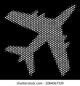 Pixel white jet plane icon on a black background. Vector halftone composition of jet plane symbol created of spheric items.