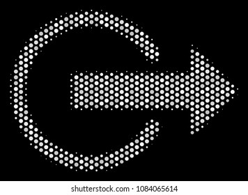 Pixel white logout icon on a black background. Vector halftone mosaic of logout pictogram designed with spheric elements.