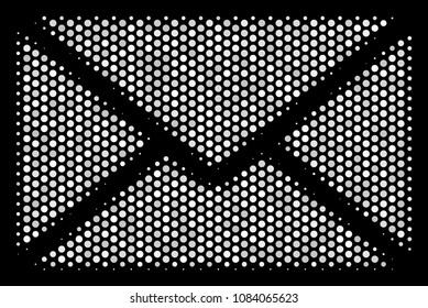 Pixel white mail envelope icon on a black background. Vector halftone pattern of mail envelope symbol designed with spheric dots.