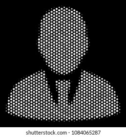 Pixel white manager icon on a black background. Vector halftone collage of manager pictogram created from circle points.