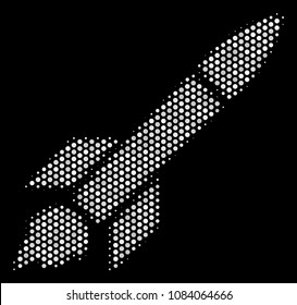 Pixel white missile launch icon on a black background. Vector halftone illustration of missile launch pictogram designed of circle items.