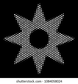Pixel white new star icon on a black background. Vector halftone composition of new star icon formed of spheric items.