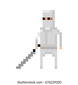 Pixel  white ninja with sword for games and applications