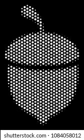 Pixel white oak acorn icon on a black background. Vector halftone concept of oak acorn symbol organized from circle dots.