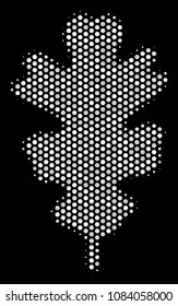 Pixel white oak leaf icon on a black background. Vector halftone mosaic of oak leaf pictogram created with circle items.