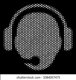 Pixel white operator head icon on a black background. Vector halftone mosaic of operator head symbol formed of round items.