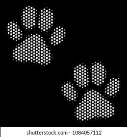 Pixel white paw footprints icon on a black background. Vector halftone composition of paw footprints symbol designed from spheric items.