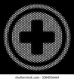 Pixel white pharmacy icon on a black background. Vector halftone concept of pharmacy pictogram composed from circle elements.
