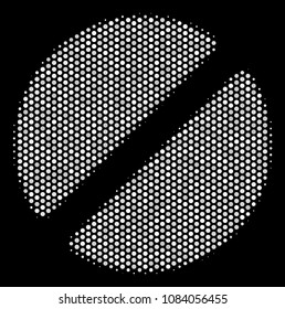 Pixel white pharmacy tablet icon on a black background. Vector halftone illustration of pharmacy tablet pictogram formed of spheric items.