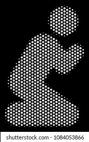 Pixel white praying person icon on a black background. Vector halftone composition of praying person symbol composed of round points.