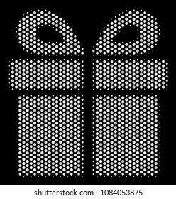 Pixel white present icon on a black background. Vector halftone mosaic of present icon formed of circle points.